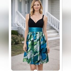 Intrigue Black Bodice Floral Dress Size 8 Teal Waistband Party Cocktail Dress